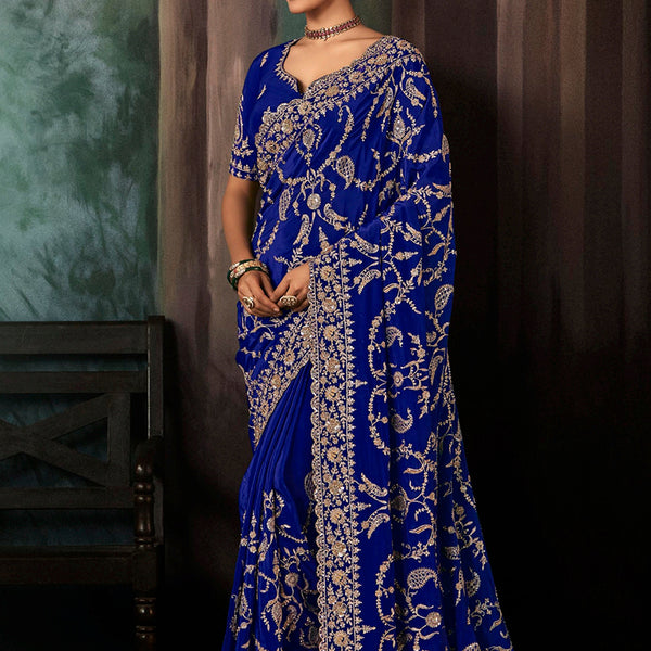 Monjolika Fashion Royal Blue Faux Crepe Embroidery Bridal Reception Festival Wedding Wear Heavy Border Saree - Distacart