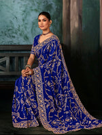 Thumbnail for Monjolika Fashion Royal Blue Faux Crepe Embroidery Bridal Reception Festival Wedding Wear Heavy Border Saree - Distacart