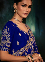 Thumbnail for Monjolika Fashion Royal Blue Faux Crepe Embroidery Bridal Reception Festival Wedding Wear Heavy Border Saree - Distacart