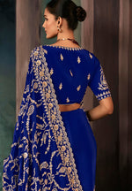 Thumbnail for Monjolika Fashion Royal Blue Faux Crepe Embroidery Bridal Reception Festival Wedding Wear Heavy Border Saree - Distacart