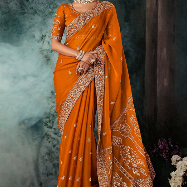 Monjolika Fashion Orange Wear Fabric Embroidery Bridal Reception Festival Wedding Wear Heavy Border Saree - Distacart