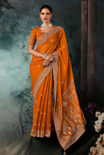 Thumbnail for Monjolika Fashion Orange Wear Fabric Embroidery Bridal Reception Festival Wedding Wear Heavy Border Saree - Distacart