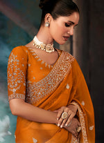 Thumbnail for Monjolika Fashion Orange Wear Fabric Embroidery Bridal Reception Festival Wedding Wear Heavy Border Saree - Distacart