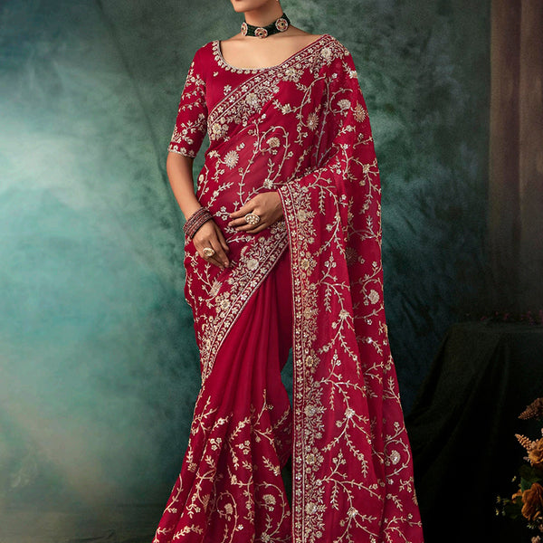 Monjolika Fashion Burgundy Faux Crepe Embroidery Bridal Reception Festival Wedding Wear Heavy Border Saree - Distacart