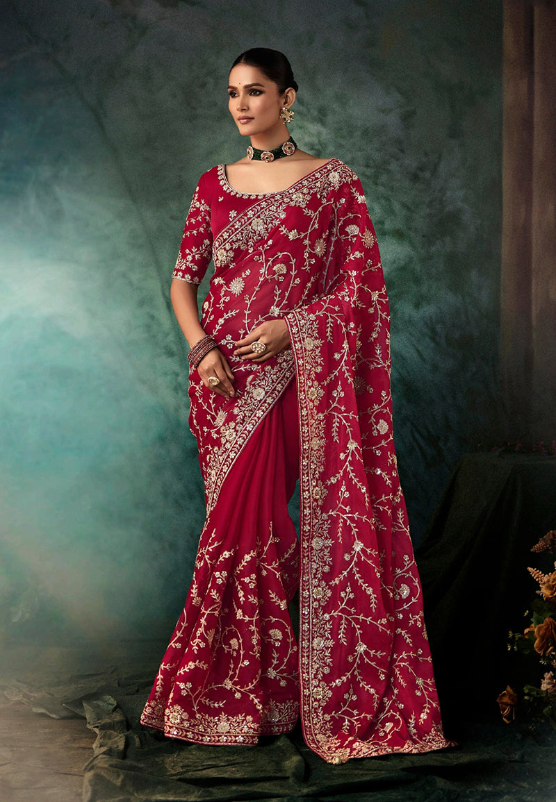 Monjolika Fashion Burgundy Faux Crepe Embroidery Bridal Reception Festival Wedding Wear Heavy Border Saree - Distacart