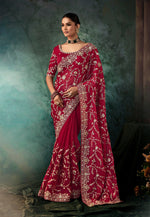 Thumbnail for Monjolika Fashion Burgundy Faux Crepe Embroidery Bridal Reception Festival Wedding Wear Heavy Border Saree - Distacart
