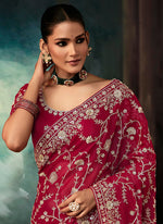 Thumbnail for Monjolika Fashion Burgundy Faux Crepe Embroidery Bridal Reception Festival Wedding Wear Heavy Border Saree - Distacart