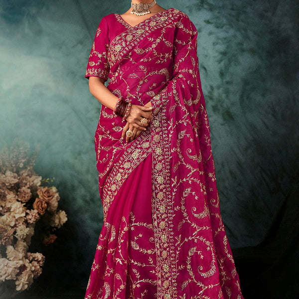 Monjolika Fashion Rani Pink Faux Crepe Embroidery Bridal Reception Festival Wedding Wear Heavy Border Saree - Distacart