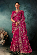 Thumbnail for Monjolika Fashion Rani Pink Faux Crepe Embroidery Bridal Reception Festival Wedding Wear Heavy Border Saree - Distacart