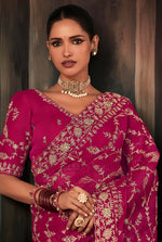 Thumbnail for Monjolika Fashion Rani Pink Faux Crepe Embroidery Bridal Reception Festival Wedding Wear Heavy Border Saree - Distacart