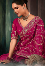 Thumbnail for Monjolika Fashion Rani Pink Faux Crepe Embroidery Bridal Reception Festival Wedding Wear Heavy Border Saree - Distacart