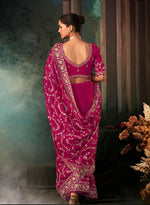 Thumbnail for Monjolika Fashion Rani Pink Faux Crepe Embroidery Bridal Reception Festival Wedding Wear Heavy Border Saree - Distacart