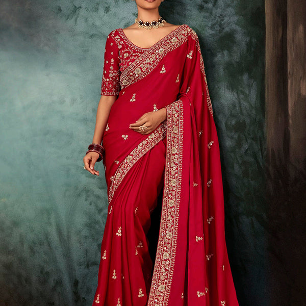 Monjolika Fashion Red Wear Fabric Embroidery Bridal Reception Festival Wedding Wear Heavy Border Saree - Distacart