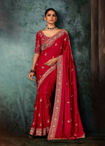 Thumbnail for Monjolika Fashion Red Wear Fabric Embroidery Bridal Reception Festival Wedding Wear Heavy Border Saree - Distacart