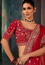 Thumbnail for Monjolika Fashion Red Wear Fabric Embroidery Bridal Reception Festival Wedding Wear Heavy Border Saree - Distacart