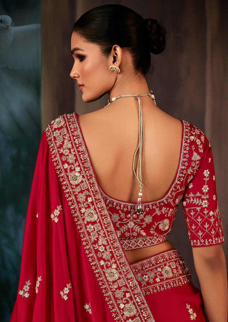 Monjolika Fashion Red Wear Fabric Embroidery Bridal Reception Festival Wedding Wear Heavy Border Saree - Distacart