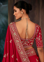 Thumbnail for Monjolika Fashion Red Wear Fabric Embroidery Bridal Reception Festival Wedding Wear Heavy Border Saree - Distacart