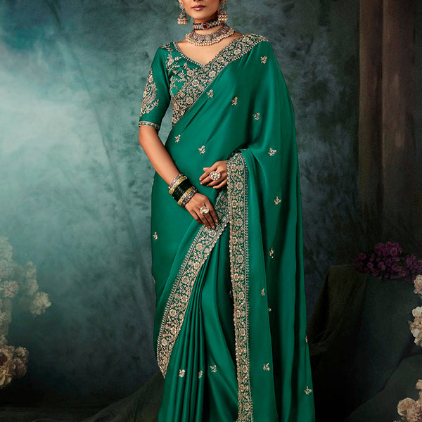 Monjolika Fashion Teal Green Faux Satin Embroidery Bridal Reception Festival Wedding Wear Heavy Border Saree - Distacart