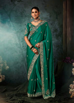 Thumbnail for Monjolika Fashion Teal Green Faux Satin Embroidery Bridal Reception Festival Wedding Wear Heavy Border Saree - Distacart