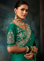 Thumbnail for Monjolika Fashion Teal Green Faux Satin Embroidery Bridal Reception Festival Wedding Wear Heavy Border Saree - Distacart