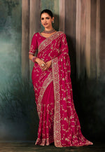 Thumbnail for Monjolika Fashion Rani Pink Faux Satin Embroidery Bridal Reception Festival Wedding Wear Heavy Border Saree - Distacart
