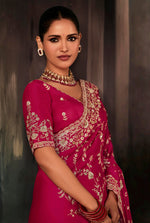 Thumbnail for Monjolika Fashion Rani Pink Faux Satin Embroidery Bridal Reception Festival Wedding Wear Heavy Border Saree - Distacart