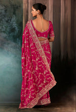 Thumbnail for Monjolika Fashion Rani Pink Faux Satin Embroidery Bridal Reception Festival Wedding Wear Heavy Border Saree - Distacart