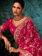 Thumbnail for Monjolika Fashion Rani Pink Faux Satin Embroidery Bridal Reception Festival Wedding Wear Heavy Border Saree - Distacart