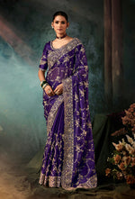 Thumbnail for Monjolika Fashion Purple Faux Crepe Embroidery Bridal Reception Festival Wedding Wear Heavy Border Saree - Distacart