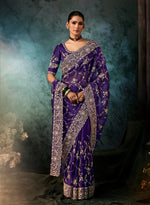 Thumbnail for Monjolika Fashion Purple Faux Crepe Embroidery Bridal Reception Festival Wedding Wear Heavy Border Saree - Distacart