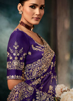 Thumbnail for Monjolika Fashion Purple Faux Crepe Embroidery Bridal Reception Festival Wedding Wear Heavy Border Saree - Distacart