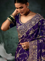 Thumbnail for Monjolika Fashion Purple Faux Crepe Embroidery Bridal Reception Festival Wedding Wear Heavy Border Saree - Distacart