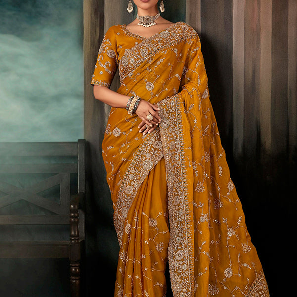 Monjolika Fashion Orange Wear Fabric Embroidery Bridal Reception Festival Wedding Wear Heavy Border Saree - Distacart