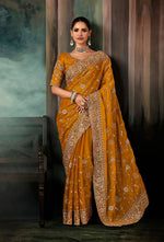 Thumbnail for Monjolika Fashion Orange Wear Fabric Embroidery Bridal Reception Festival Wedding Wear Heavy Border Saree - Distacart