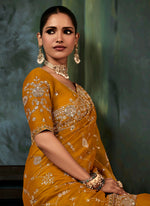 Thumbnail for Monjolika Fashion Orange Wear Fabric Embroidery Bridal Reception Festival Wedding Wear Heavy Border Saree - Distacart
