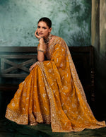 Thumbnail for Monjolika Fashion Orange Wear Fabric Embroidery Bridal Reception Festival Wedding Wear Heavy Border Saree - Distacart