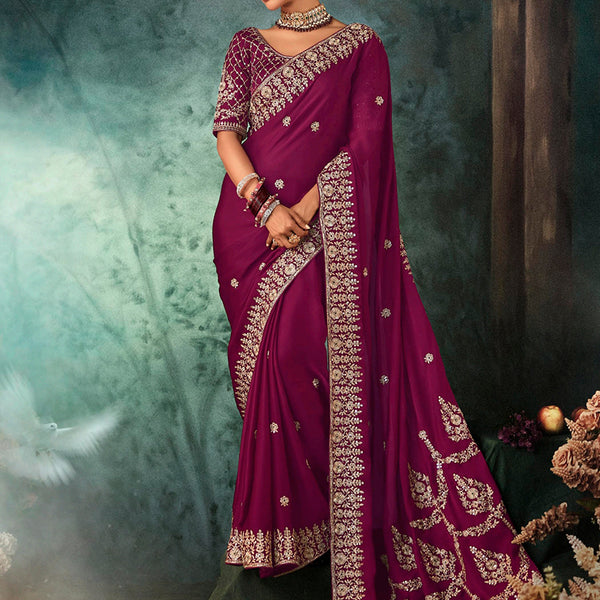 Monjolika Fashion Burgundy Faux Satin Embroidery Bridal Reception Festival Wedding Wear Heavy Border Saree - Distacart