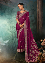 Thumbnail for Monjolika Fashion Burgundy Faux Satin Embroidery Bridal Reception Festival Wedding Wear Heavy Border Saree - Distacart