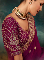 Thumbnail for Monjolika Fashion Burgundy Faux Satin Embroidery Bridal Reception Festival Wedding Wear Heavy Border Saree - Distacart