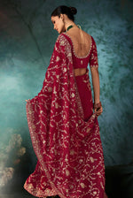 Thumbnail for Monjolika Fashion Burgundy Faux Satin Embroidery Bridal Reception Festival Wedding Wear Heavy Border Saree - Distacart