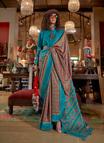 Thumbnail for Monjolika Fashion Aqua Blue and Rust Silk Blend Ikat Print Work Contemporary Saree