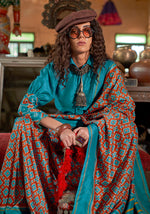 Thumbnail for Monjolika Fashion Aqua Blue and Rust Silk Blend Ikat Print Work Contemporary Saree