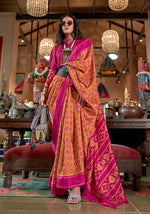 Thumbnail for Monjolika Fashion Mustard and Magenta Pink Silk Blend Ikat Print Work Contemporary Saree - Distacart
