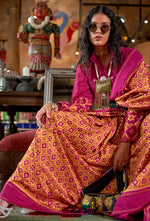 Thumbnail for Monjolika Fashion Mustard and Magenta Pink Silk Blend Ikat Print Work Contemporary Saree - Distacart