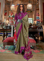 Thumbnail for Monjolika Fashion Green and Purple Silk Blend Ikat Print Work Contemporary Saree - Distacart