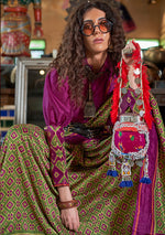 Thumbnail for Monjolika Fashion Green and Purple Silk Blend Ikat Print Work Contemporary Saree - Distacart