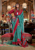 Thumbnail for Monjolika Fashion Turquoise and Maroon Silk Blend Ikat Print Work Contemporary Saree - Distacart