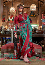 Thumbnail for Monjolika Fashion Turquoise and Maroon Silk Blend Ikat Print Work Contemporary Saree - Distacart
