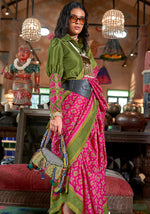 Thumbnail for Monjolika Fashion Rani Pink and Green Silk Blend Ikat Print Work Contemporary Saree - Distacart