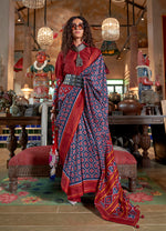 Thumbnail for Monjolika Fashion Navy Blue and Maroon Silk Blend Ikat Print Work Contemporary Saree - Distacart